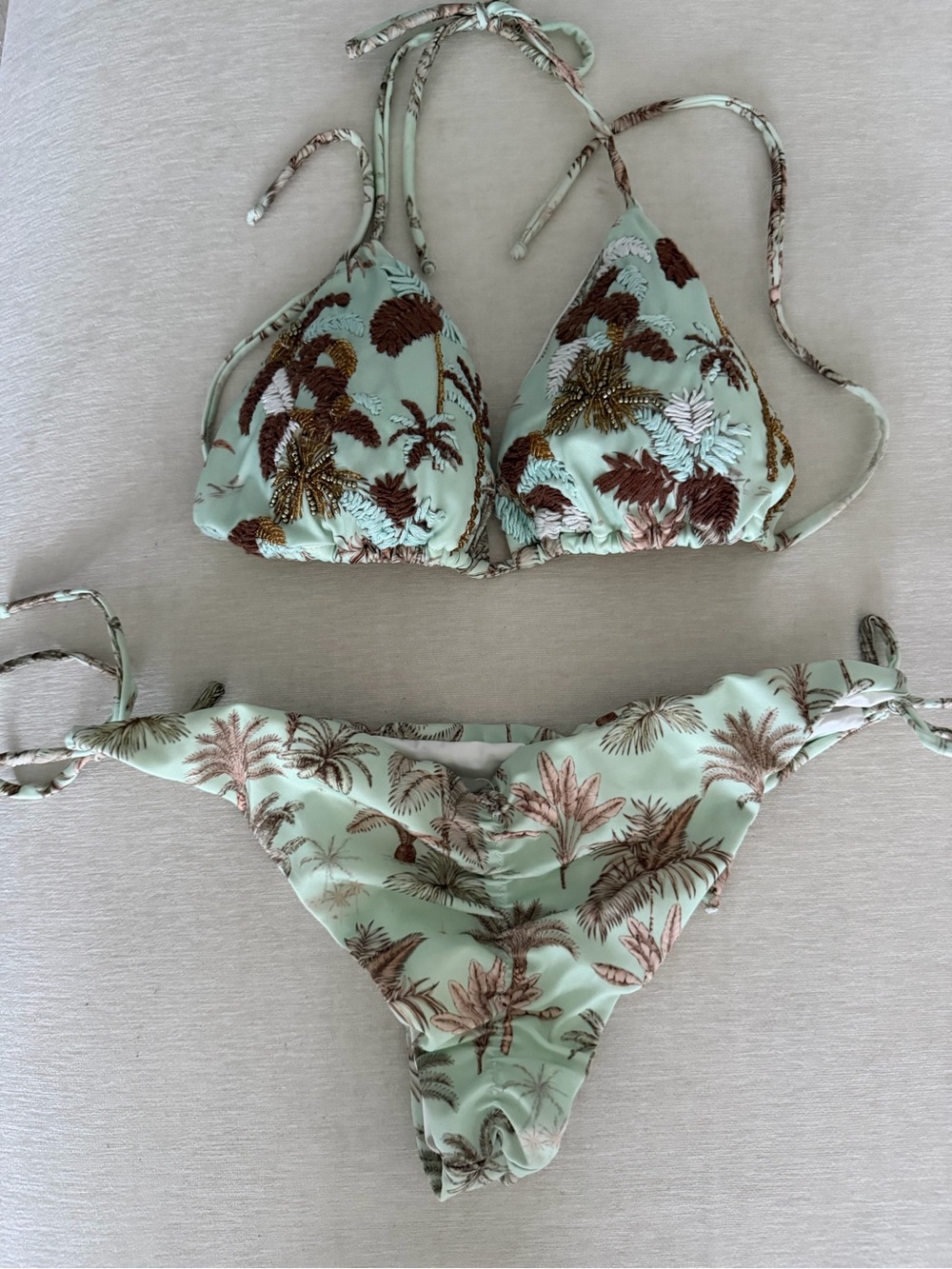 Mint Palm-Print Triangle Bikini Set